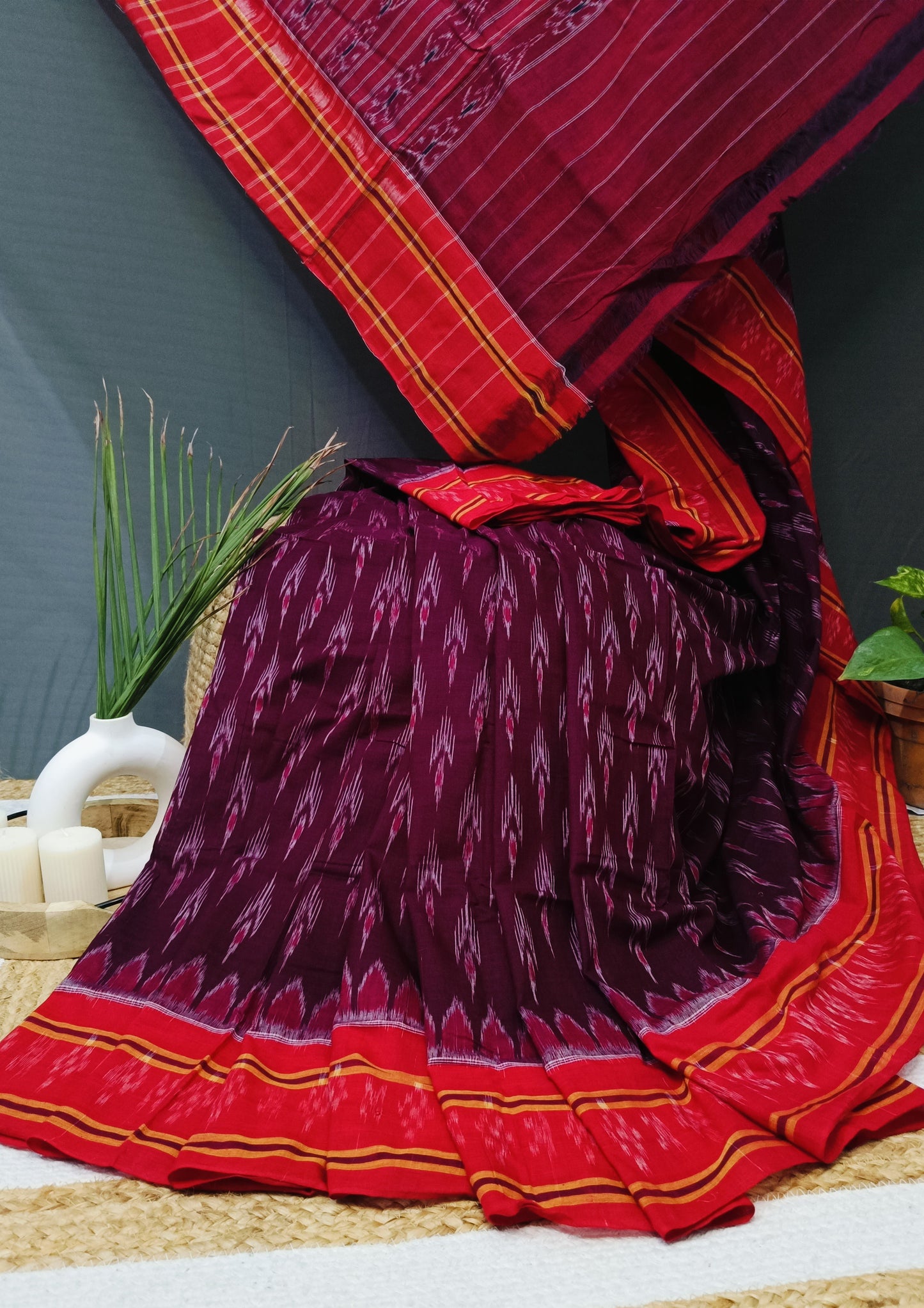 Khadi Ikat Cotton Saree- Red Wine