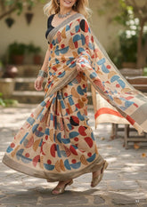 Block Printed Saree- Cream DP3