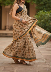 Block Printed Saree- Cream DP4