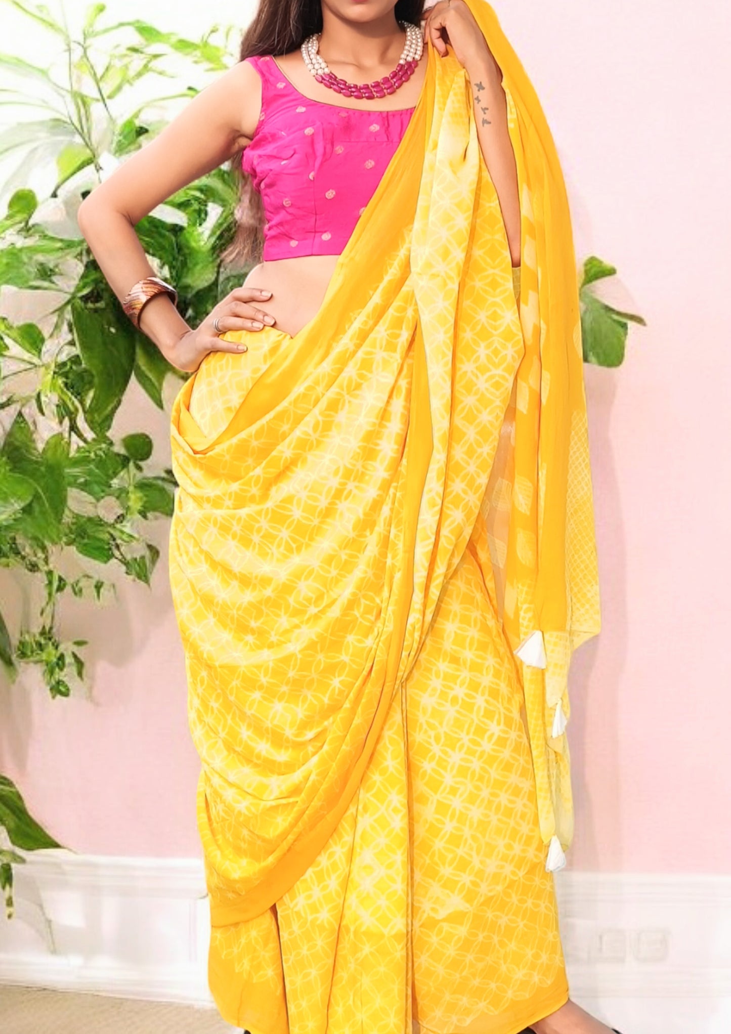 Shibori Cotton Mulmul Saree- Yellow