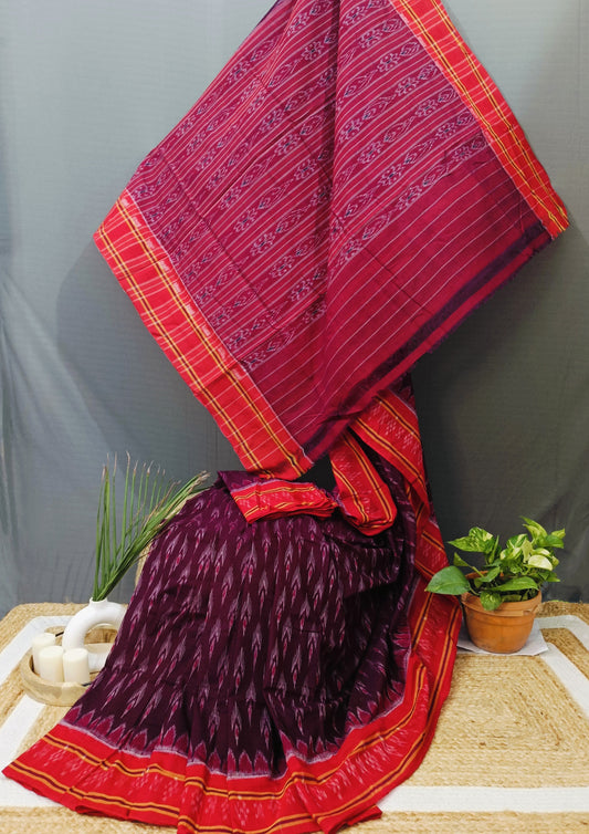 Khadi Ikat Cotton Saree- Red Wine
