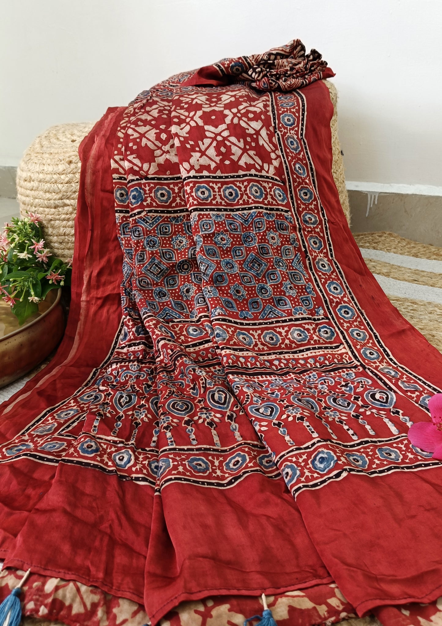 Ajrakh Handblock Printed Modal Saree- M15 Red