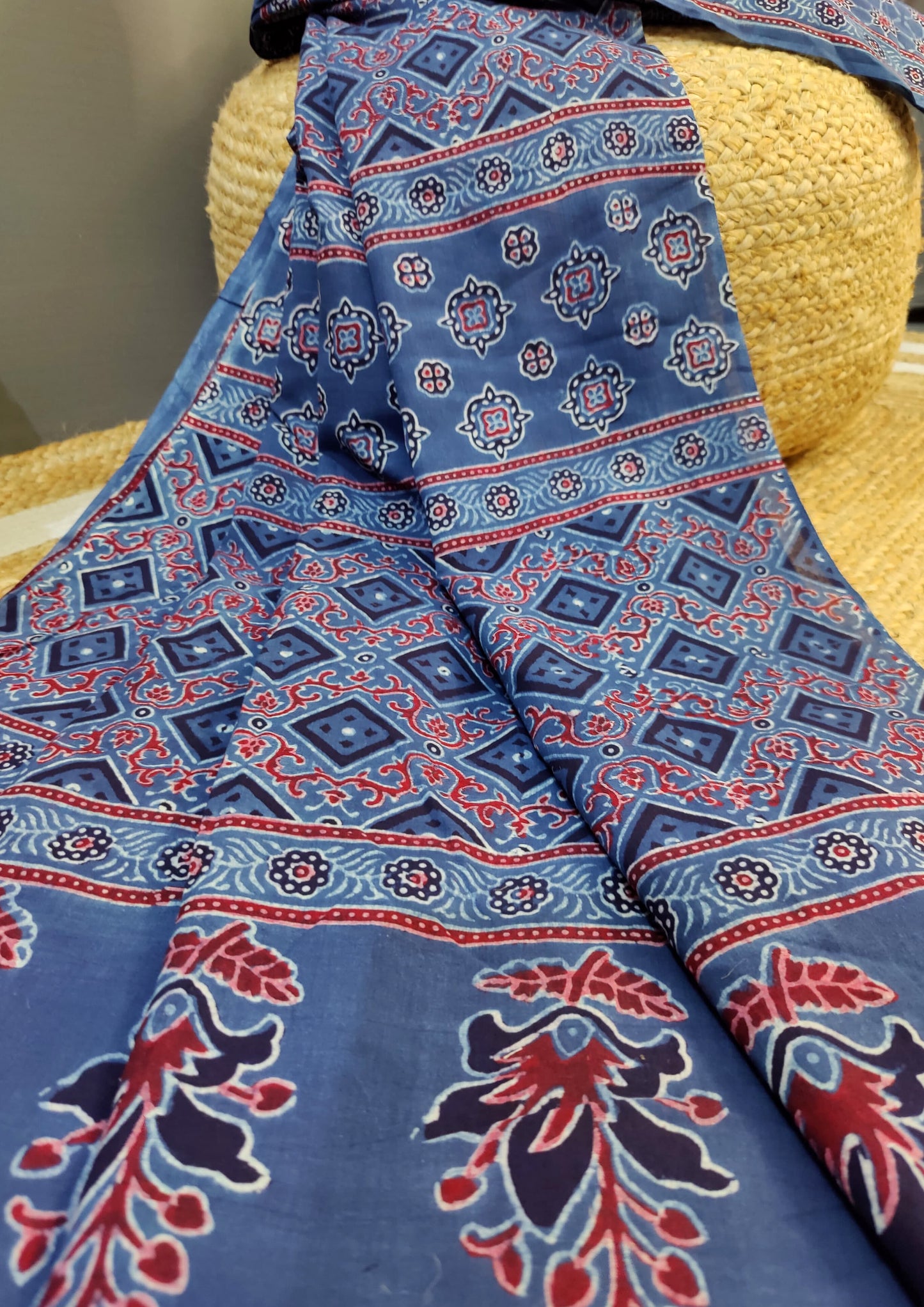 Ajrakh Handblock Printed Cotton Mulmul Saree- Mco1 Blue