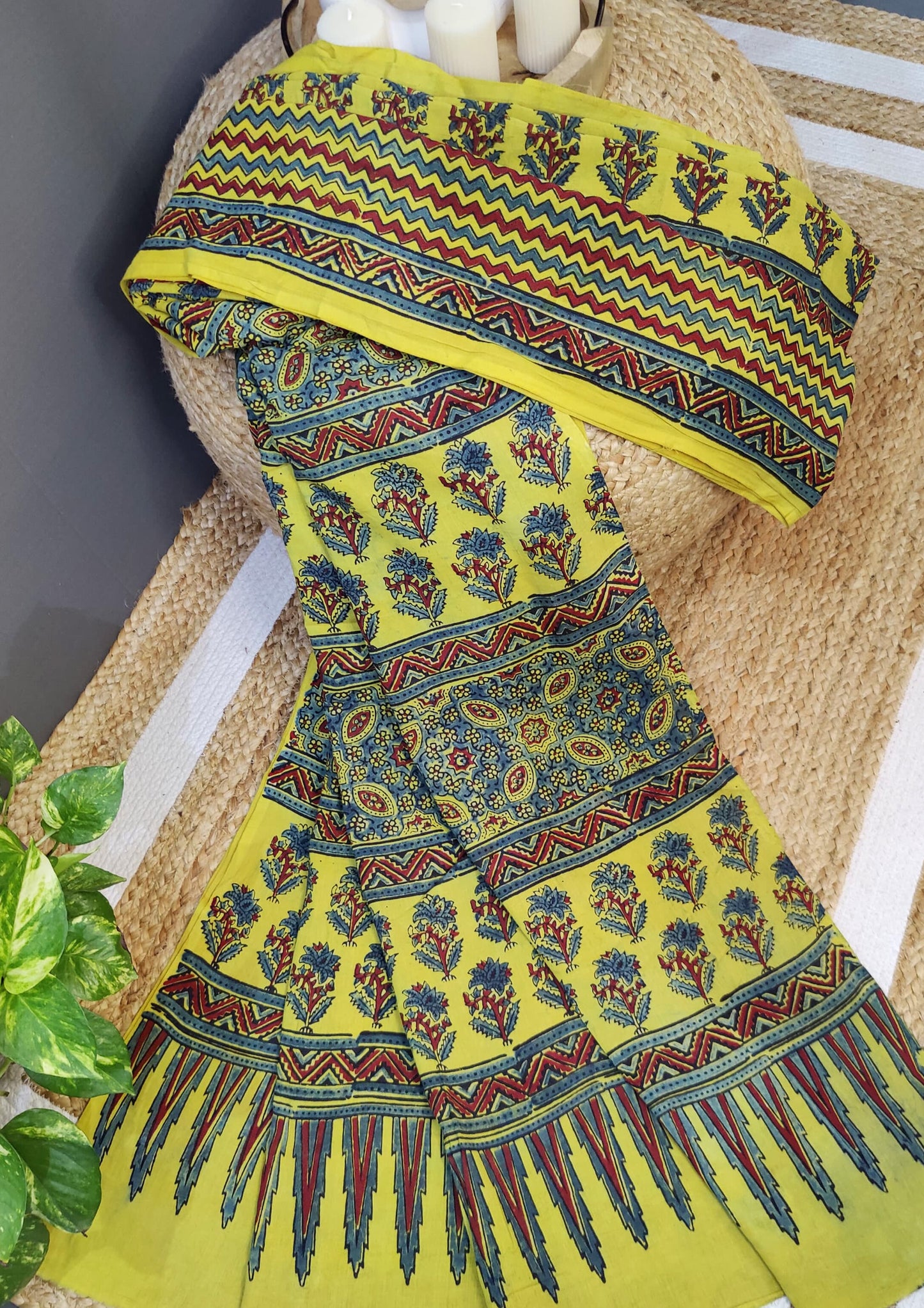 Ajrakh Handblock Printed Cotton Mulmul Saree- Mco3 Yellow