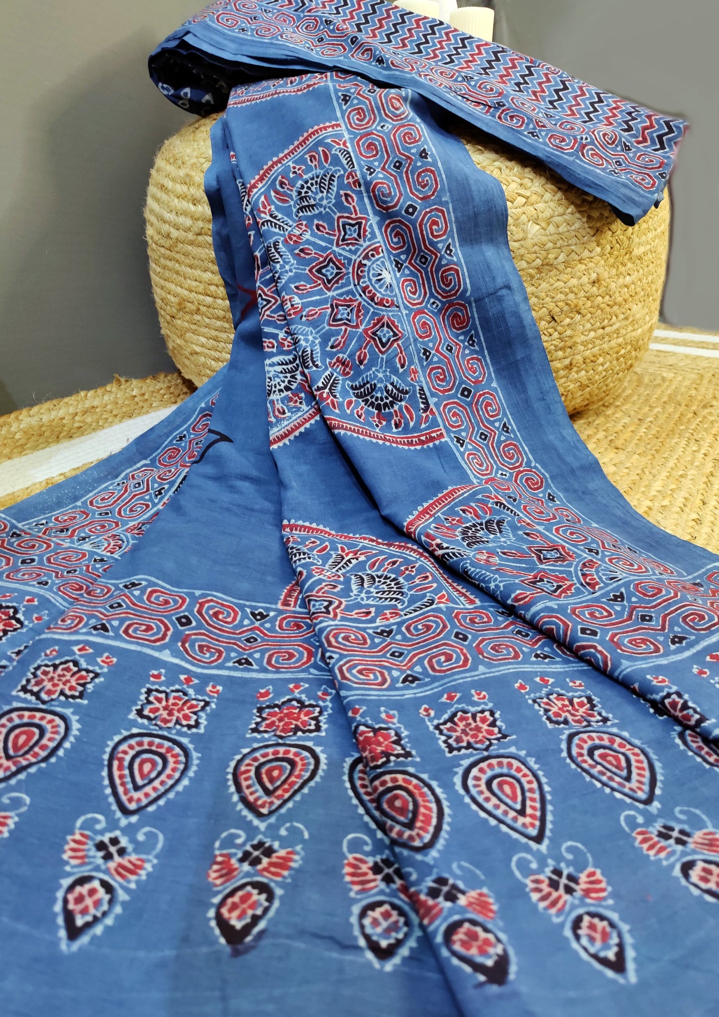 Ajrakh Handblock Printed Cotton Mulmul Saree- Mco4 Blue