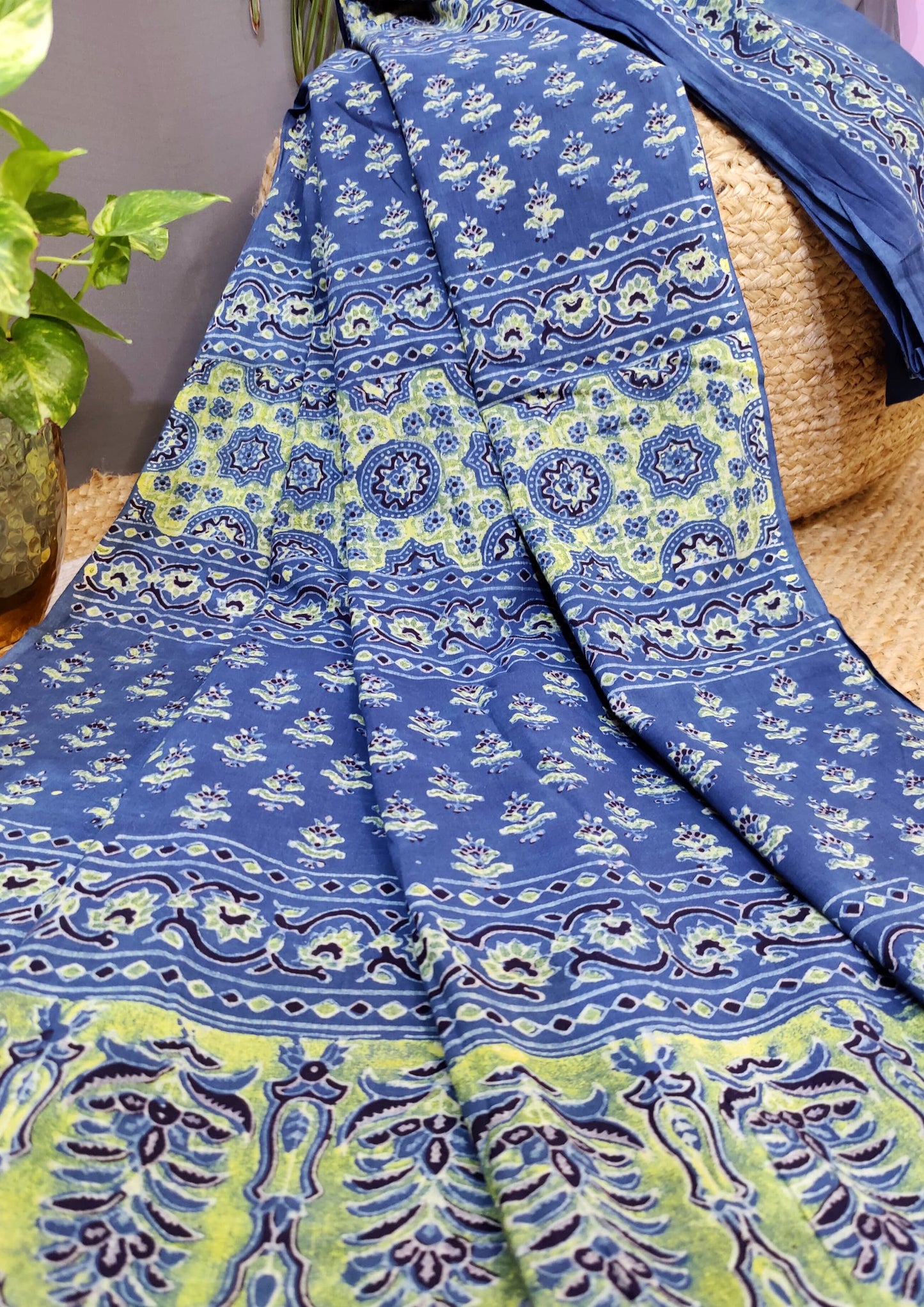 Ajrakh Handblock Printed Cotton Mulmul Saree- Mco5 Blue