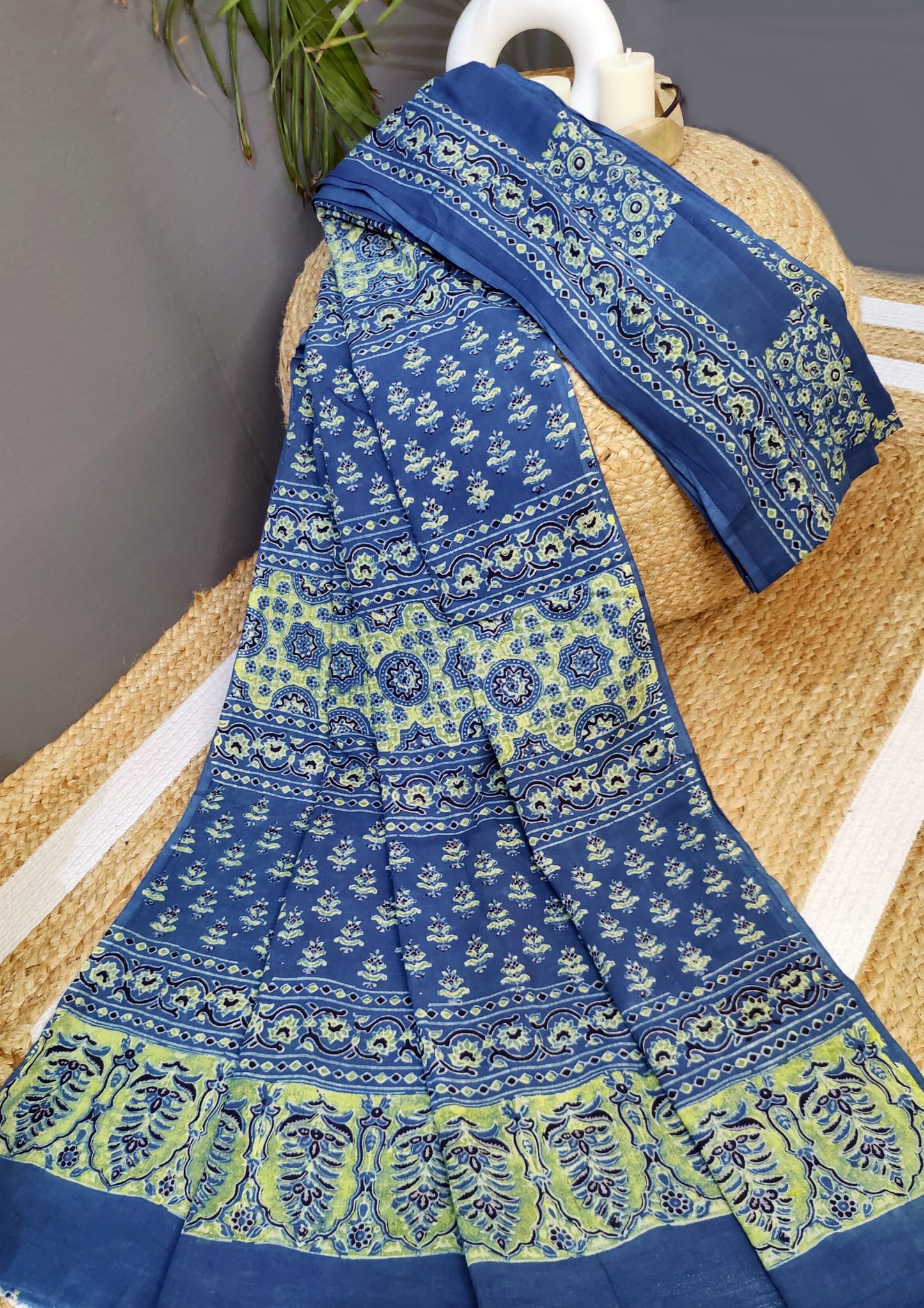 Ajrakh Handblock Printed Cotton Mulmul Saree- Mco5 Blue