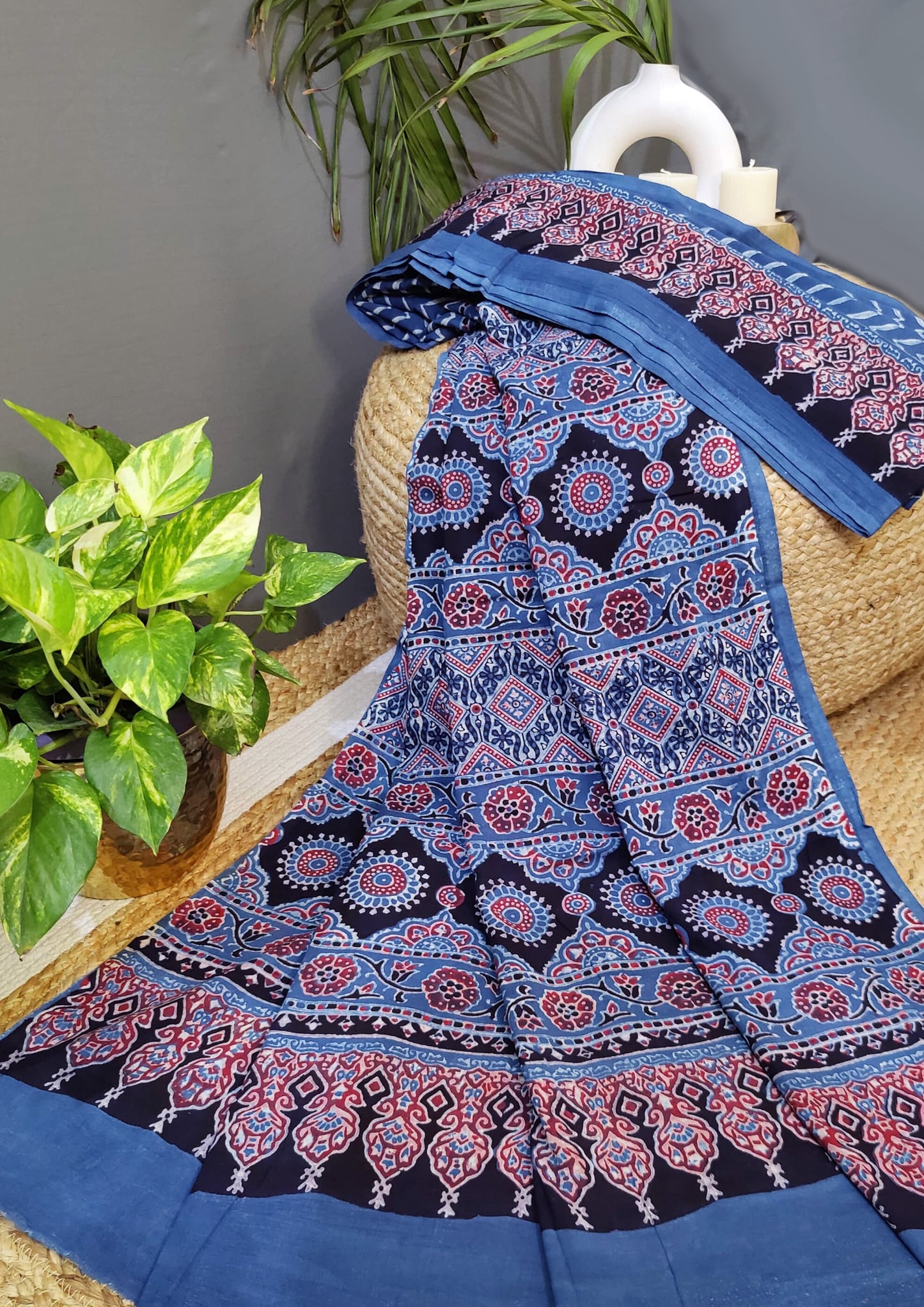 Ajrakh Handblock Printed Cotton Mulmul Saree- Mco6 Blue Red