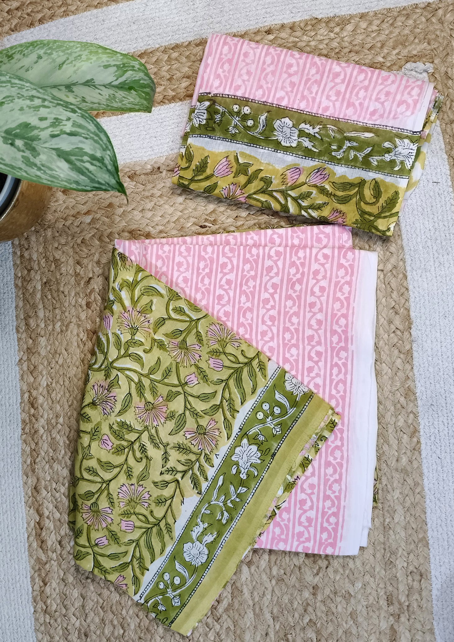 Bagru Handblock Print Suit B8- Lime Yellow