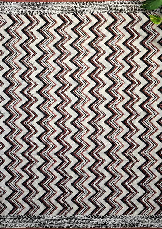 Bagru- Handblock print Cotton Saree- Cream Red2