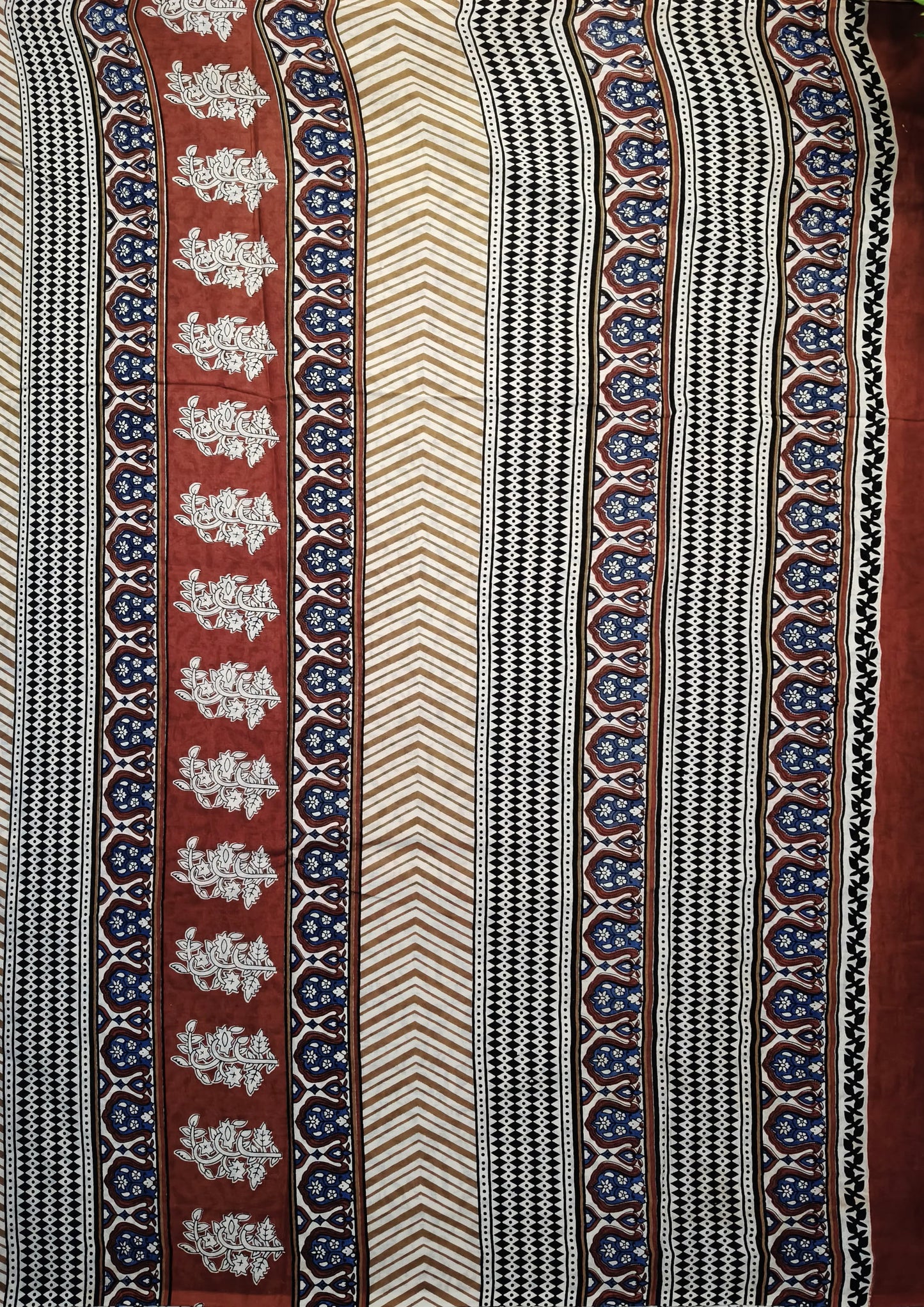 Bagru- Handblock print Cotton Saree- Cream Red1