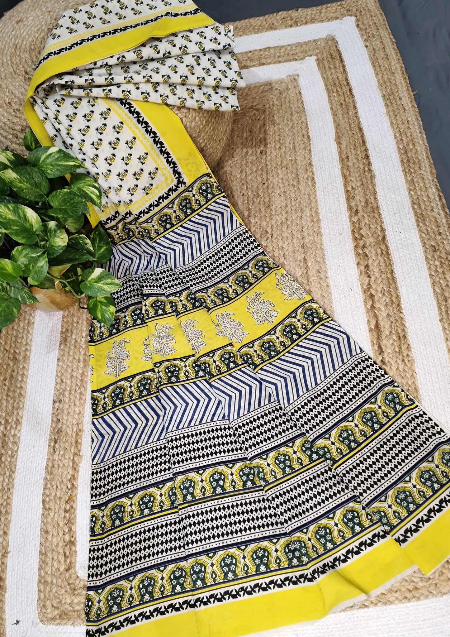 Bagru- Handblock print Cotton Saree- Cream Yellow