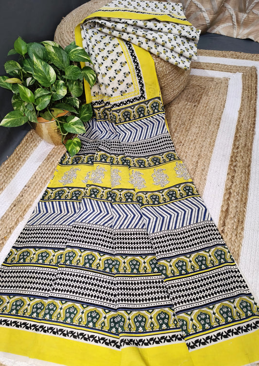 Bagru- Handblock print Cotton Saree- Cream Yellow