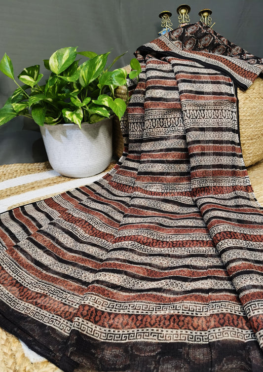 Bagru Handblock Print Kota Doria Saree- Black Amiya