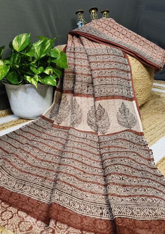 Bagru Handblock Print Kota Doria Saree- Red Flowers