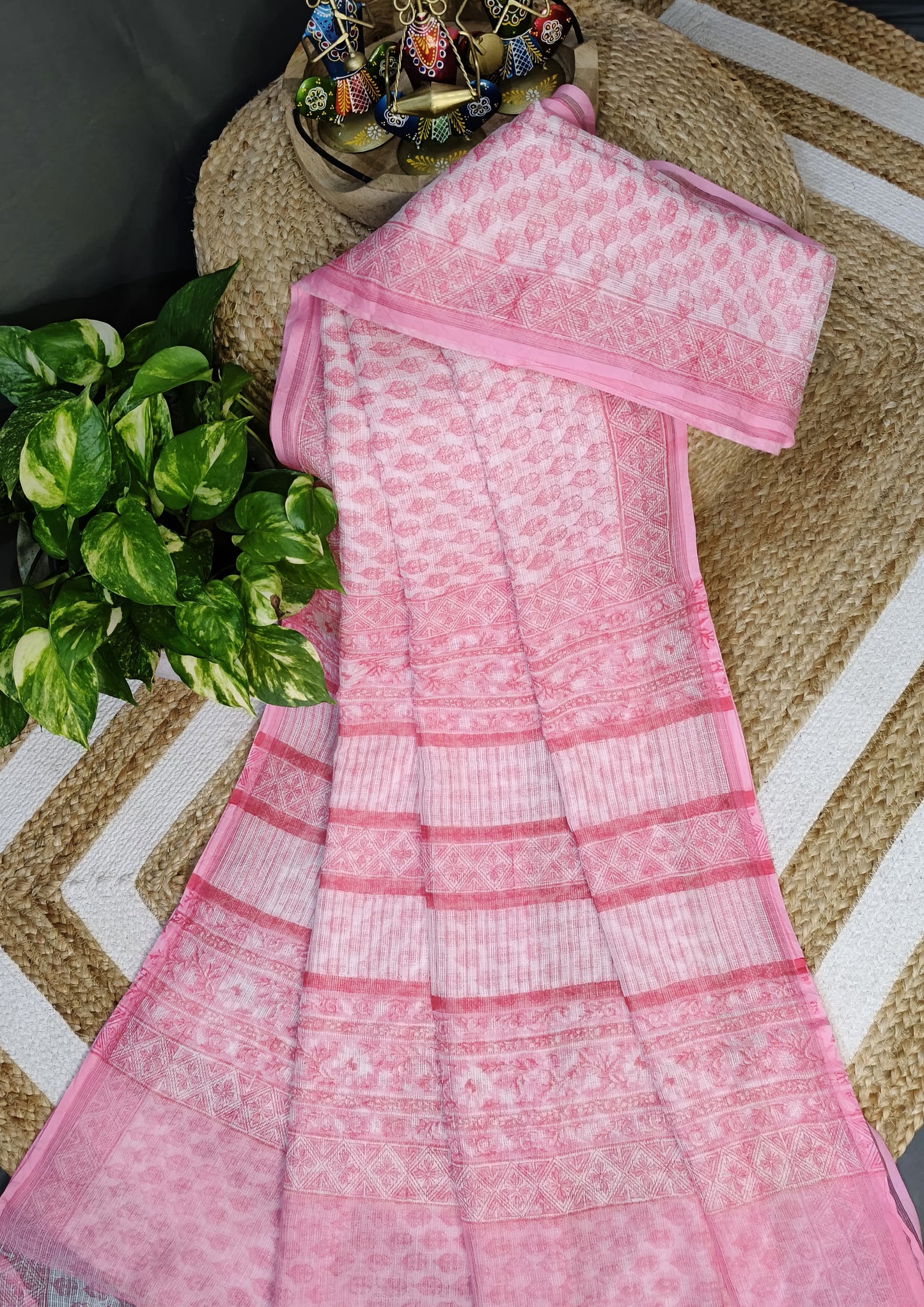 Bagru Handblock Print Kota Doria Saree- Pink Flowers