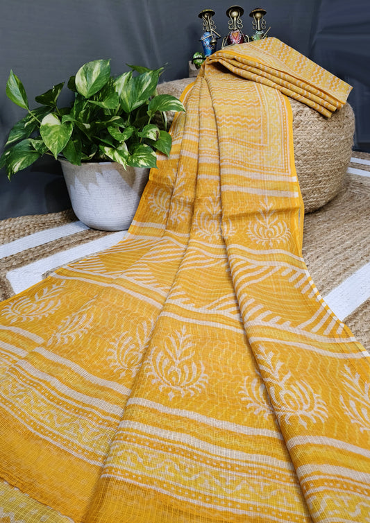Bagru Handblock Print Kota Doria Saree- Yellow Waves