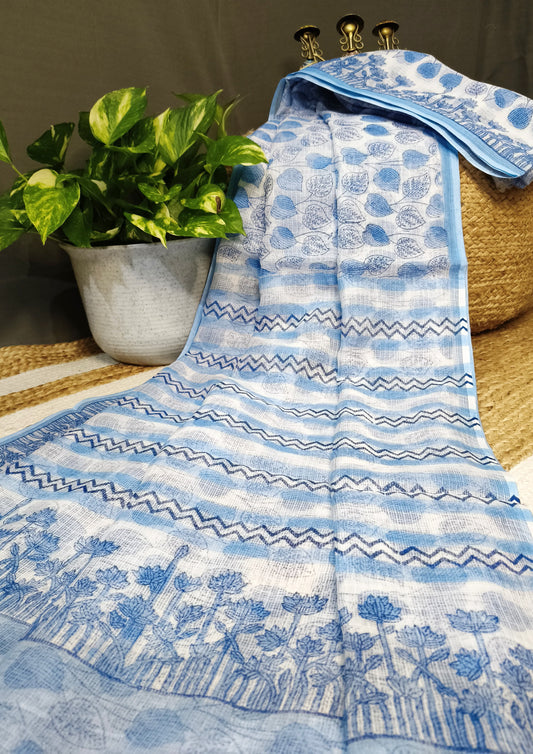 Bagru Handblock Print Kota Doria Saree- Blue Lotus