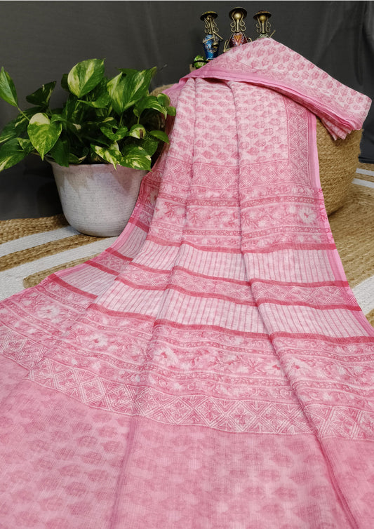 Bagru Handblock Print Kota Doria Saree- Pink Flowers