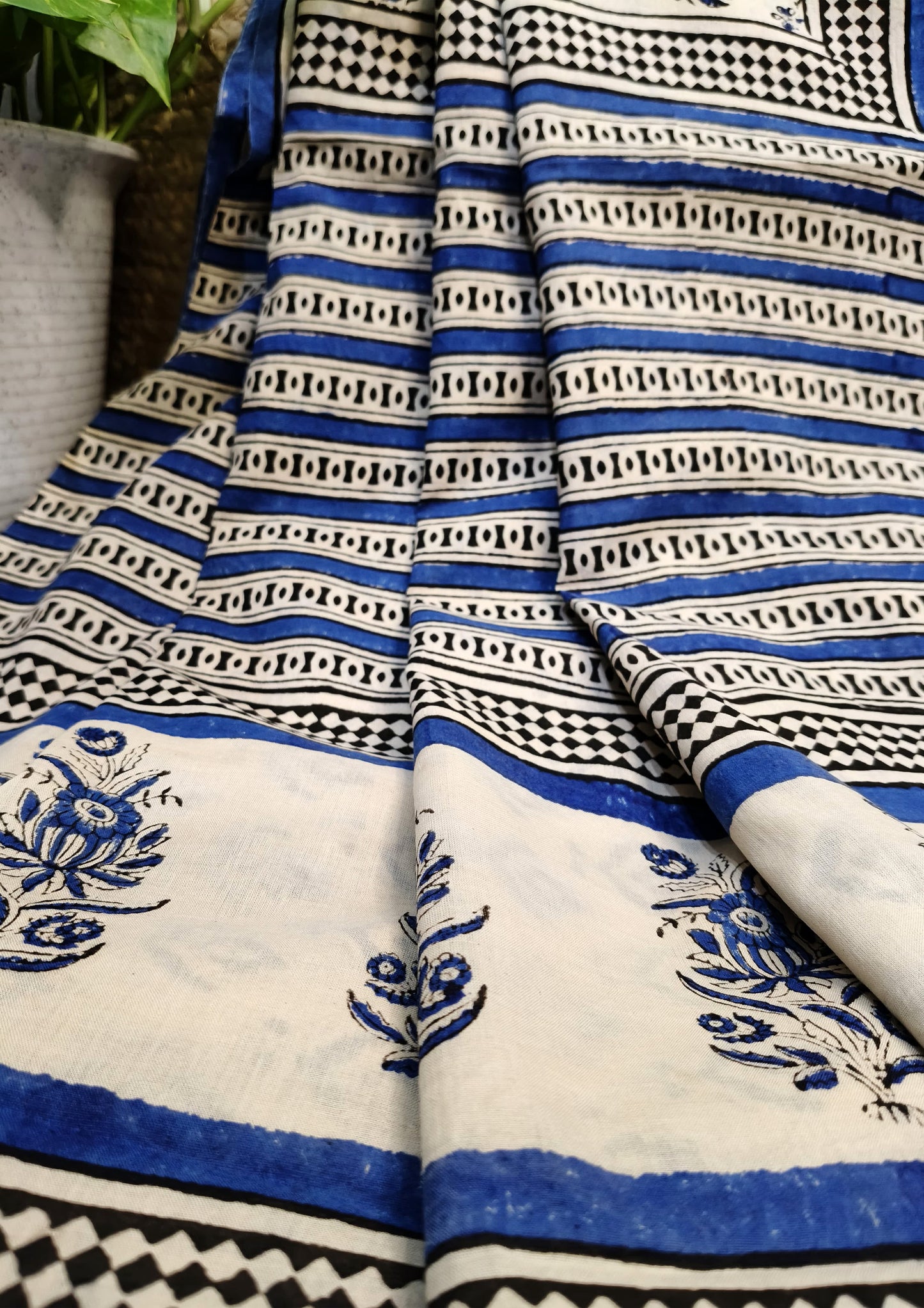 Bagru Handblock Print Cotton Mulmul Saree- Blue