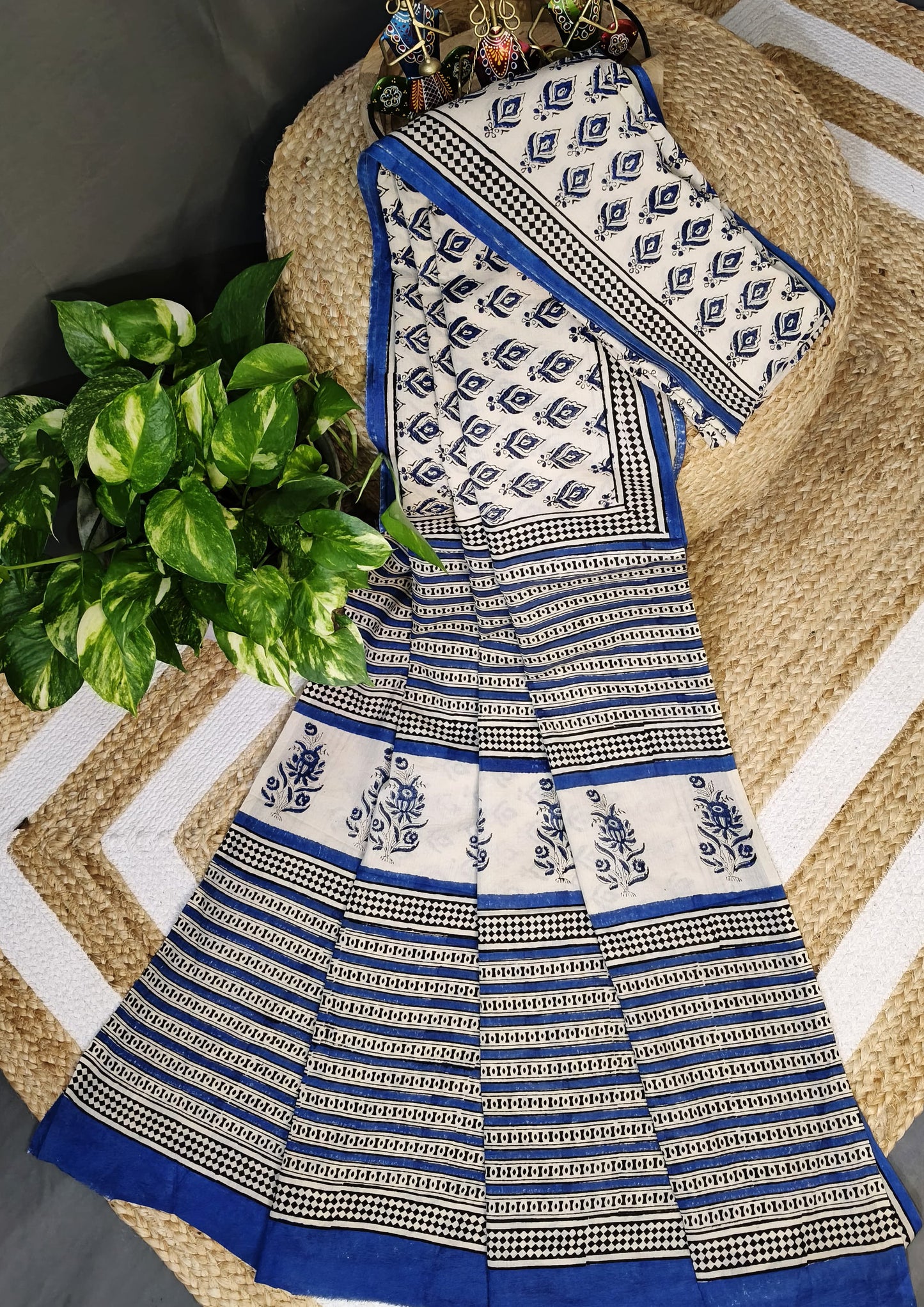 Bagru Handblock Print Cotton Mulmul Saree- Blue