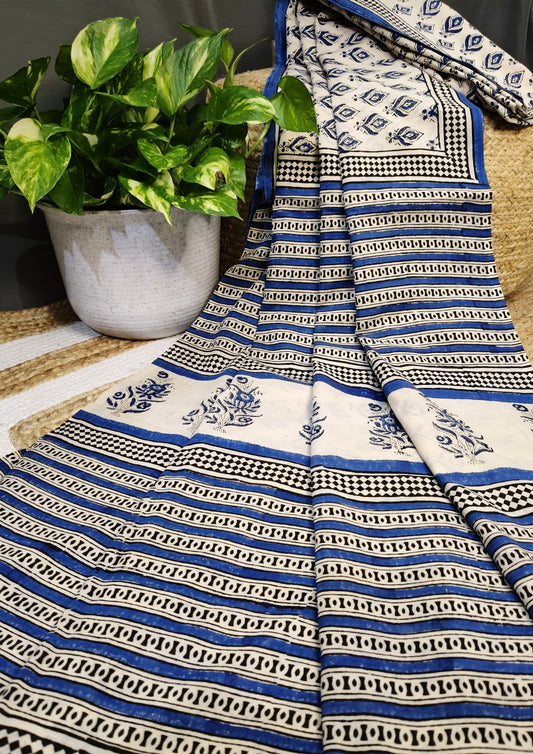 Bagru Handblock Print Cotton Mulmul Saree- Blue