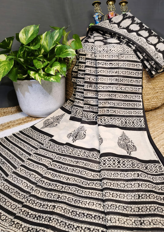 Bagru Handblock Print Cotton Mulmul Saree- Black