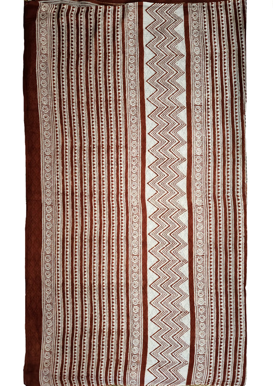 Bagru Handblock Print Cotton Mulmul Saree- Rust Red