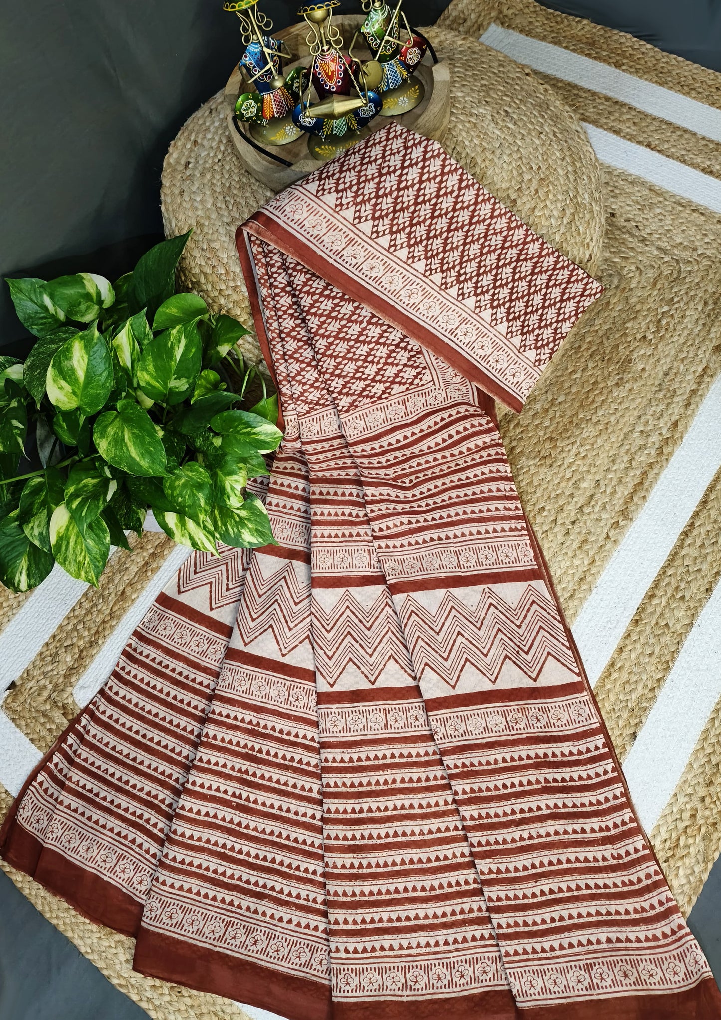 Bagru Handblock Print Cotton Mulmul Saree- Rust Red