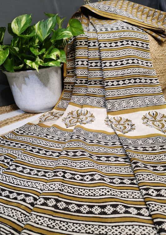 Bagru Handblock Print Cotton Mulmul Saree- Mustard