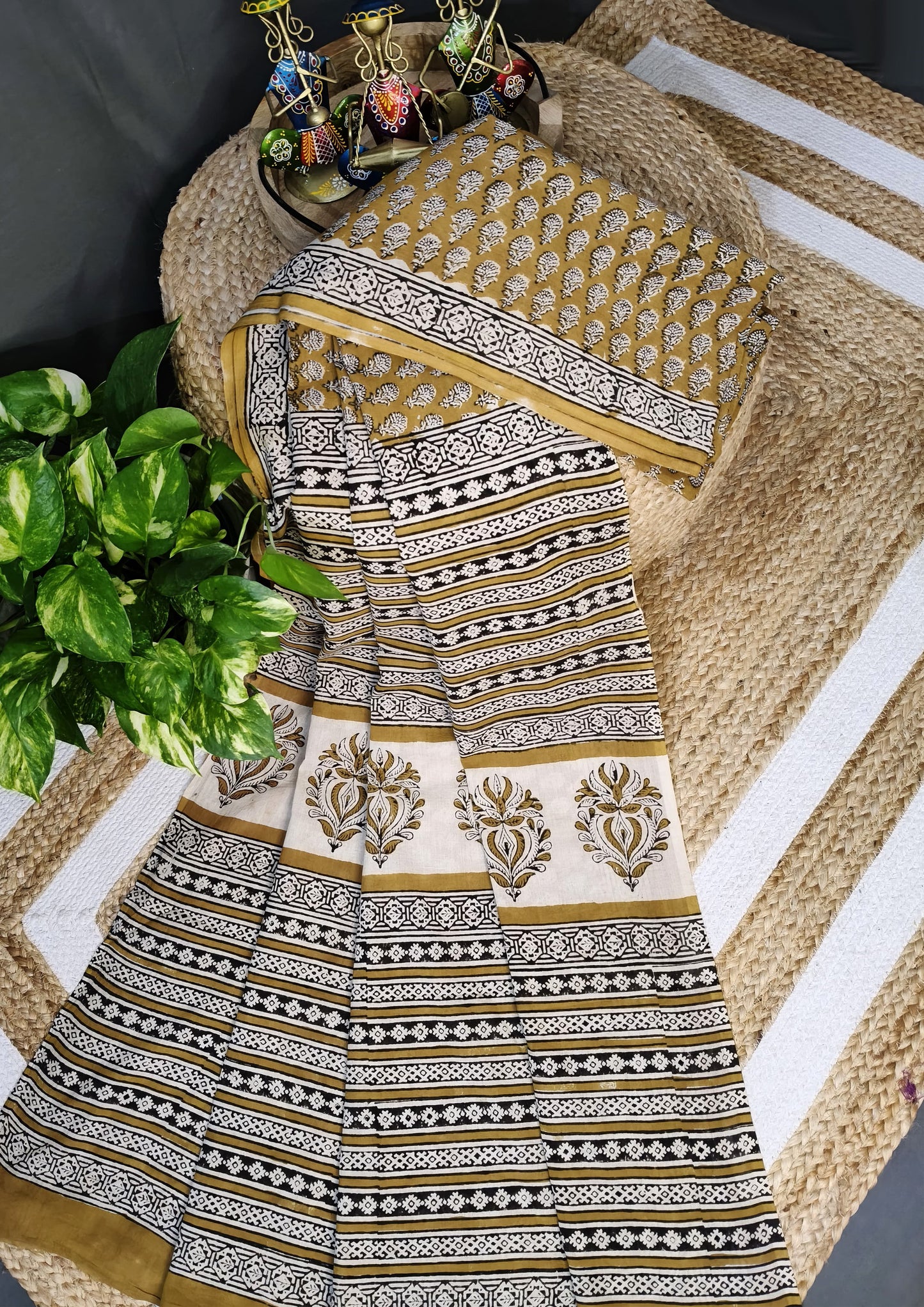 Bagru Handblock Print Cotton Mulmul Saree- Mustard