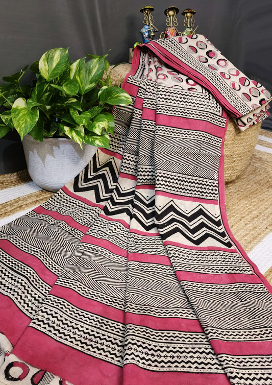 Bagru Handblock Print Cotton Mulmul Saree- Red 2