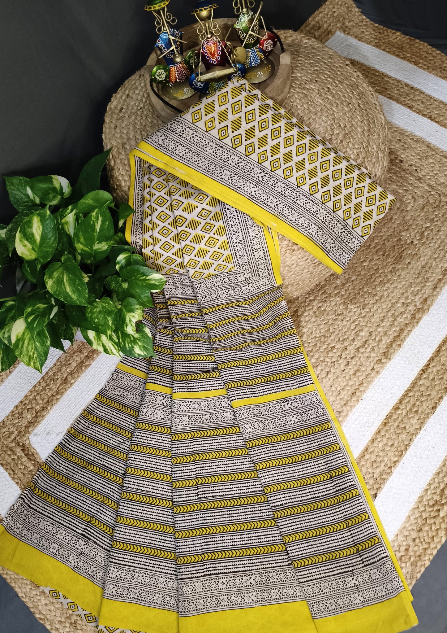 Bagru Handblock Print Cotton Mulmul Saree- Yellow