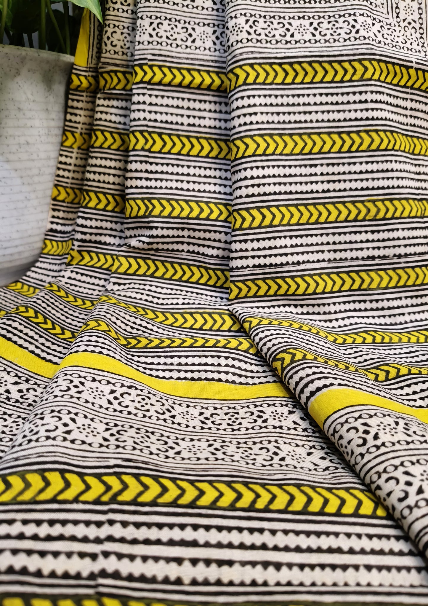 Bagru Handblock Print Cotton Mulmul Saree- Yellow