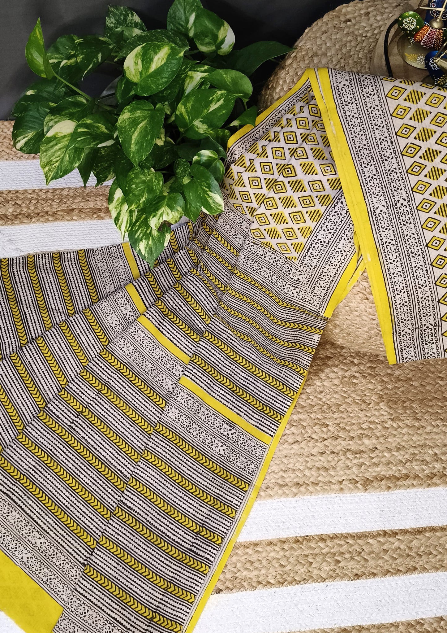 Bagru Handblock Print Cotton Mulmul Saree- Yellow