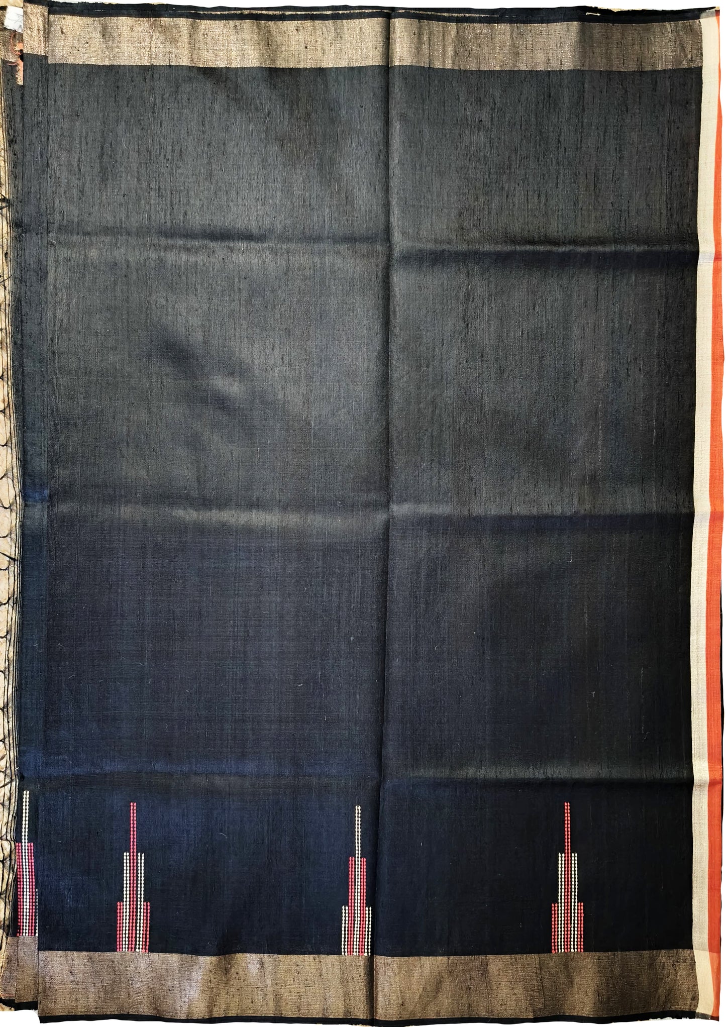 Bhagalpuri Tussar Silk Saree- 1 Black & orange