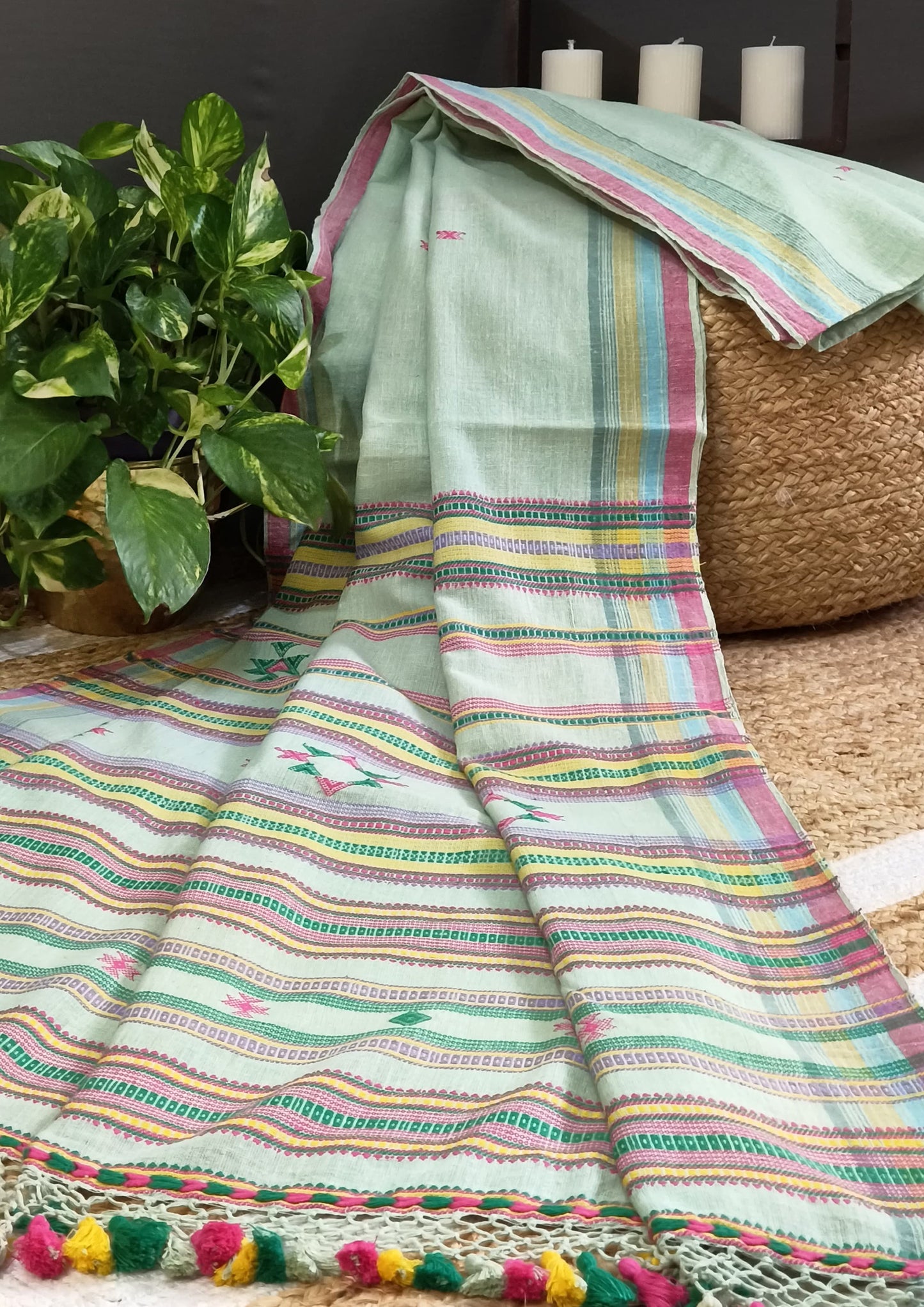 Bhujodi Kala Cotton Saree- Mint green