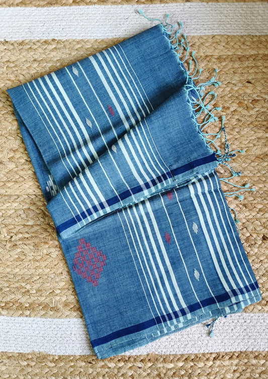 Jamdani Stole- Denim Blue 1