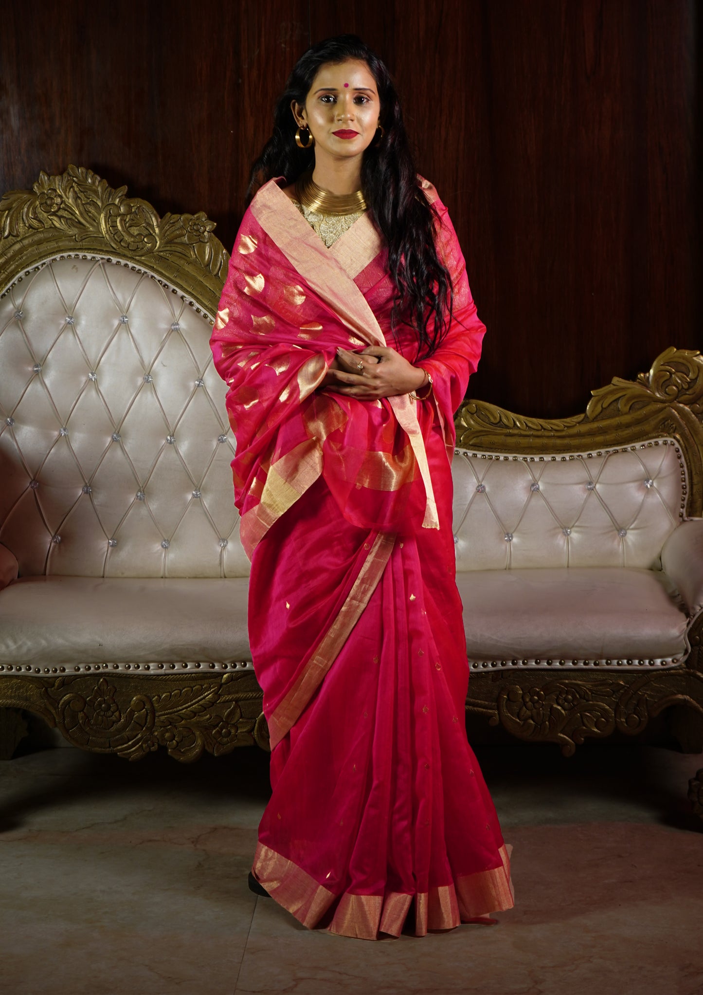 Chanderi Silk Saree- bund buti- Pink