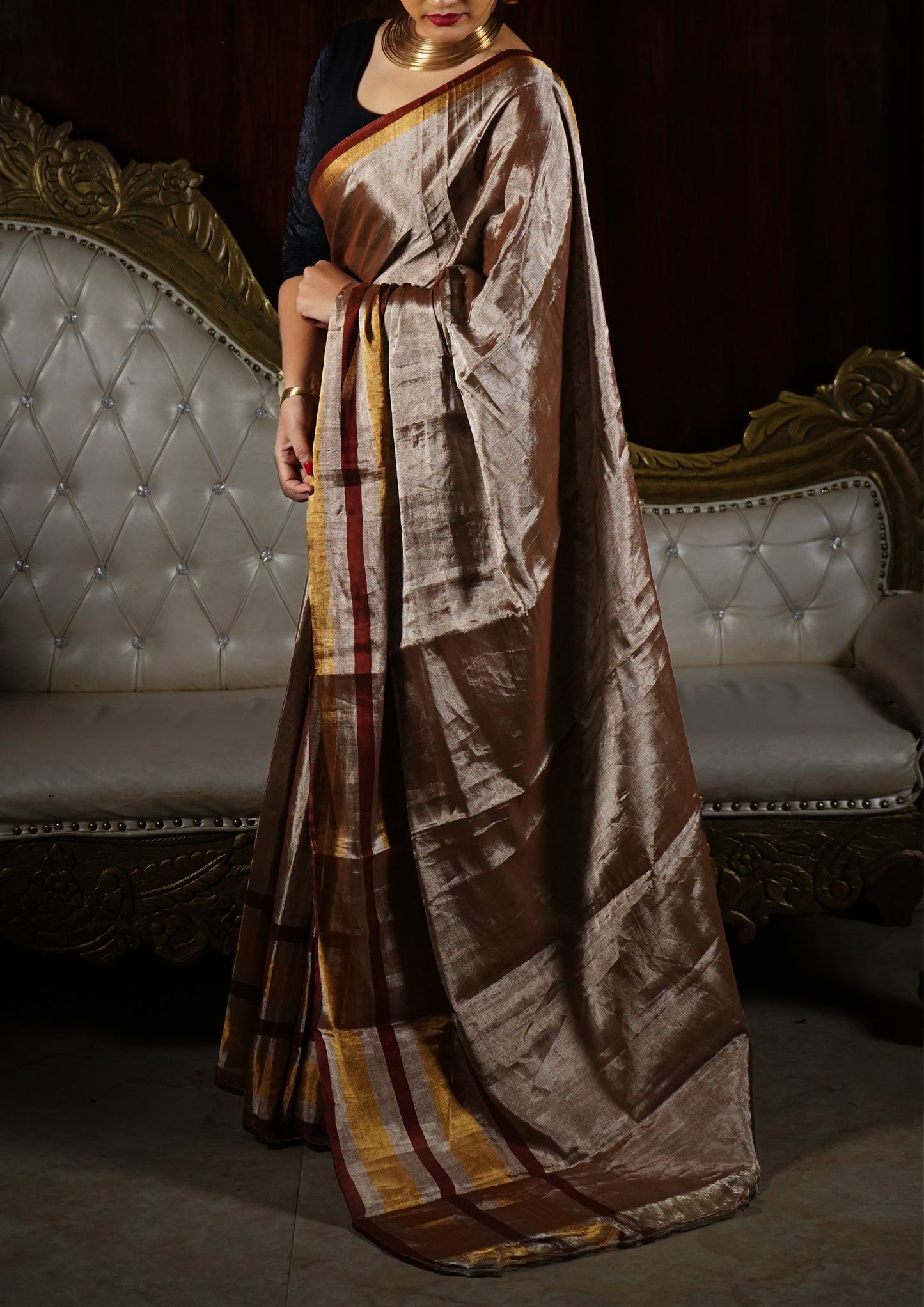 Chanderi Tissue Saree- Copper stripes