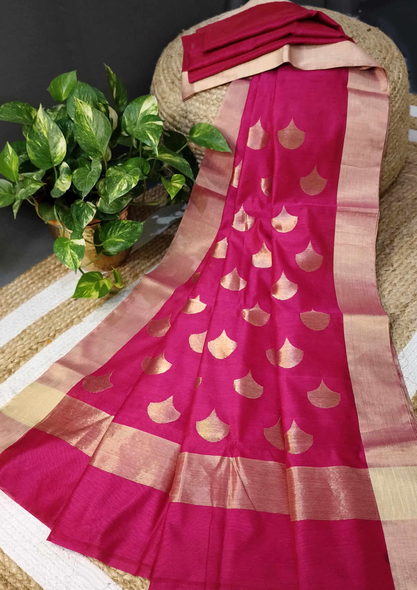 Chanderi Silk Saree- bund buti- Pink