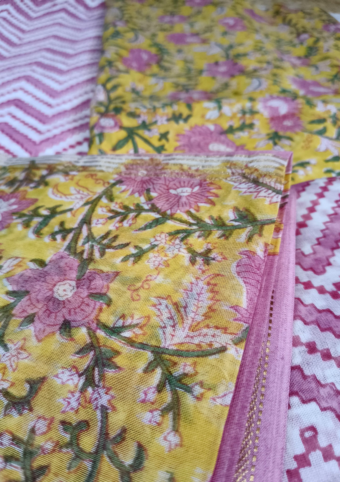 Sanganeri Chanderi Suit- Yellow