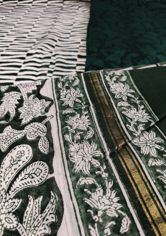 Sanganeri Chanderi Suit- Dark Green