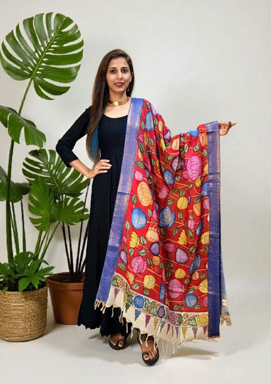 Kalamkari Handpainted Dupatta- Red K11