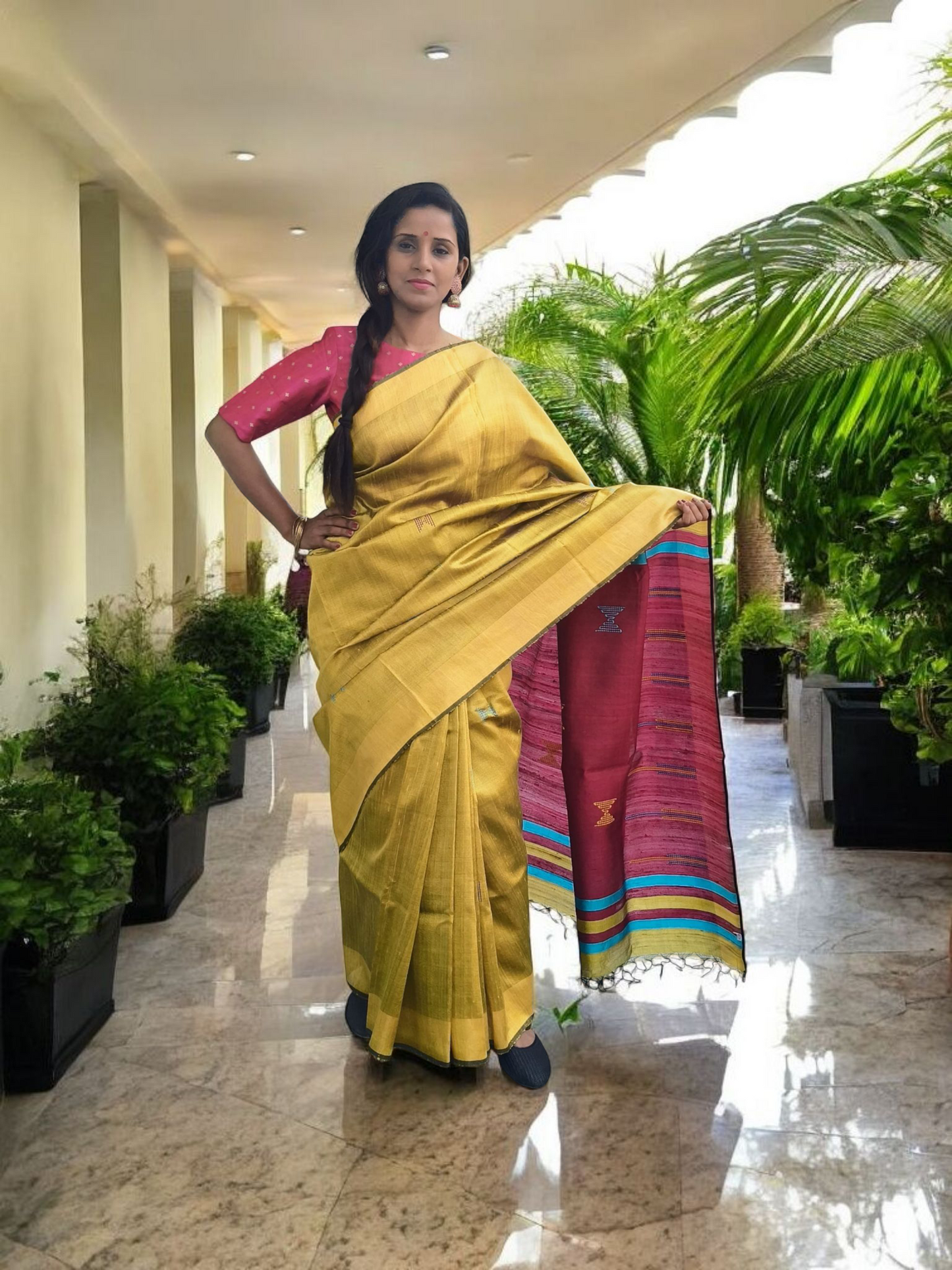 Bhagalpuri Tussar Silk Saree- 4 Gold yellow & Pink