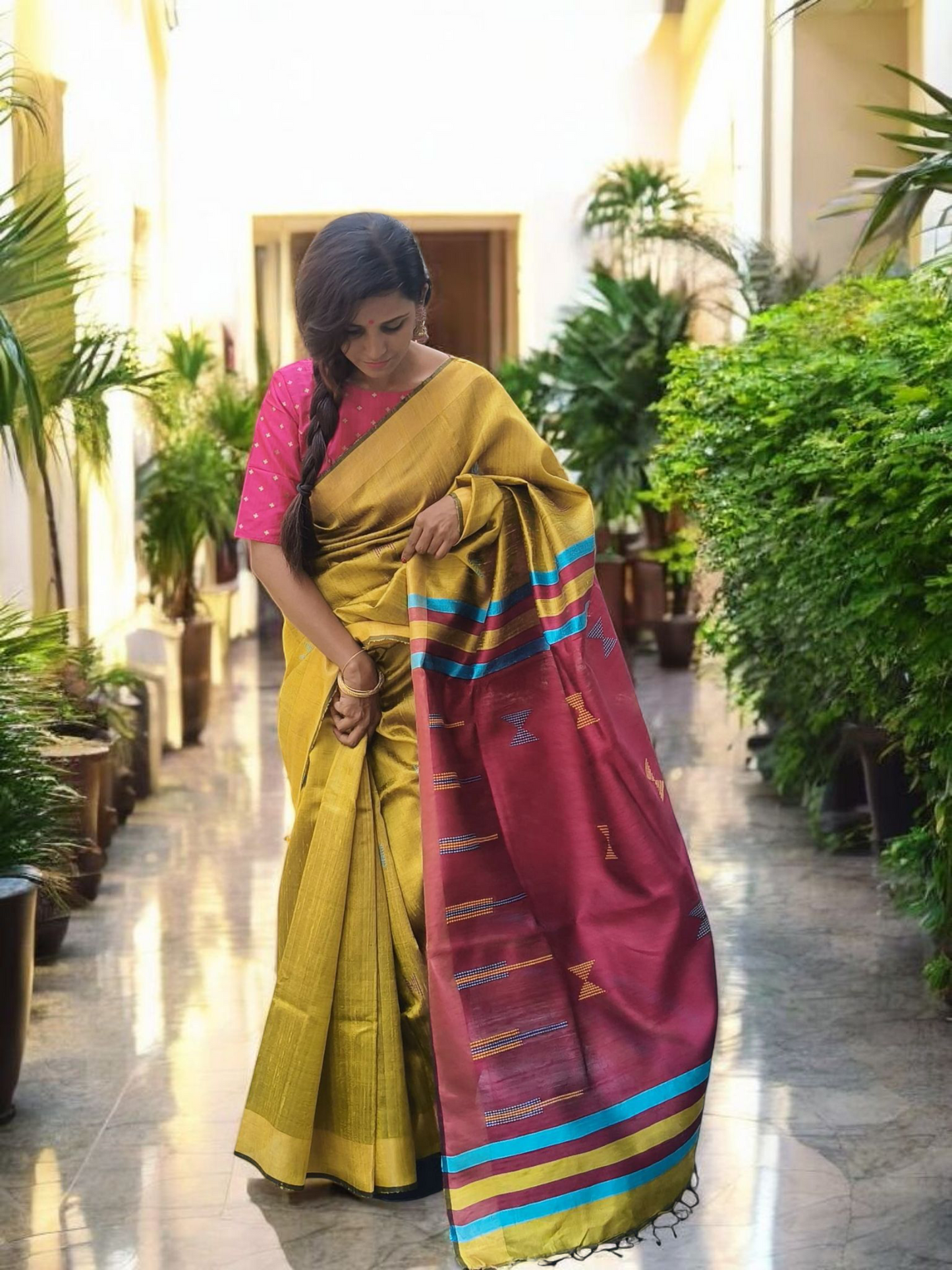 Bhagalpuri Tussar Silk Saree- 4 Gold yellow & Pink
