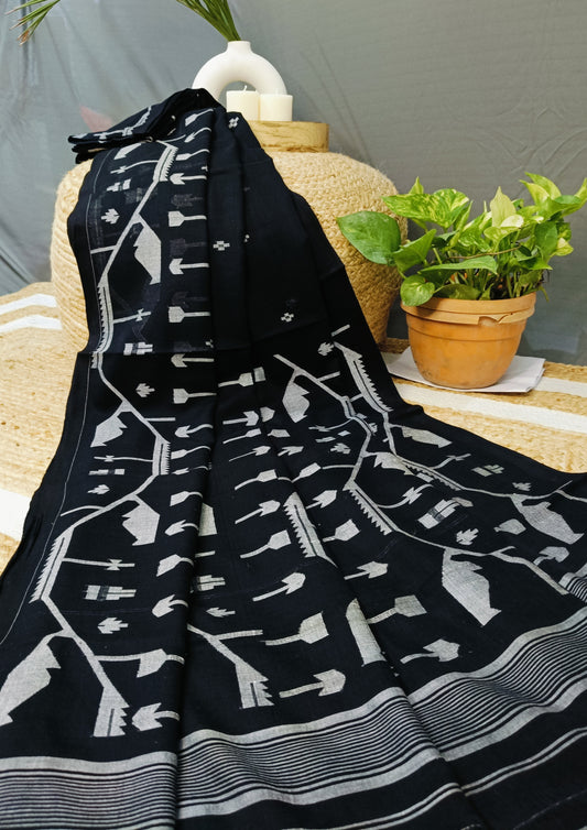 Cotton Jamdani Chir Buti Saree- Black