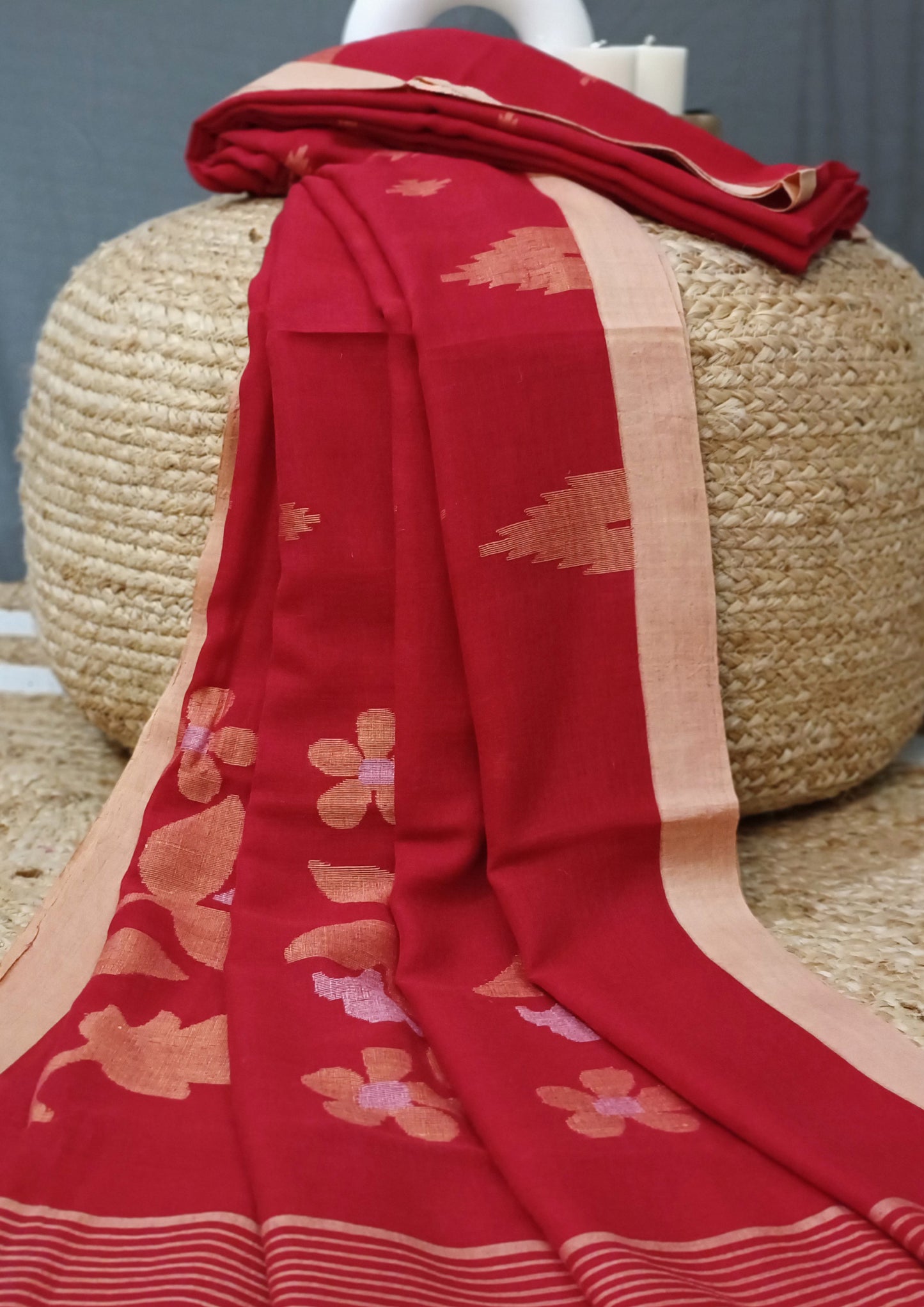 Cotton Jamdani Phool Buti Saree- Red