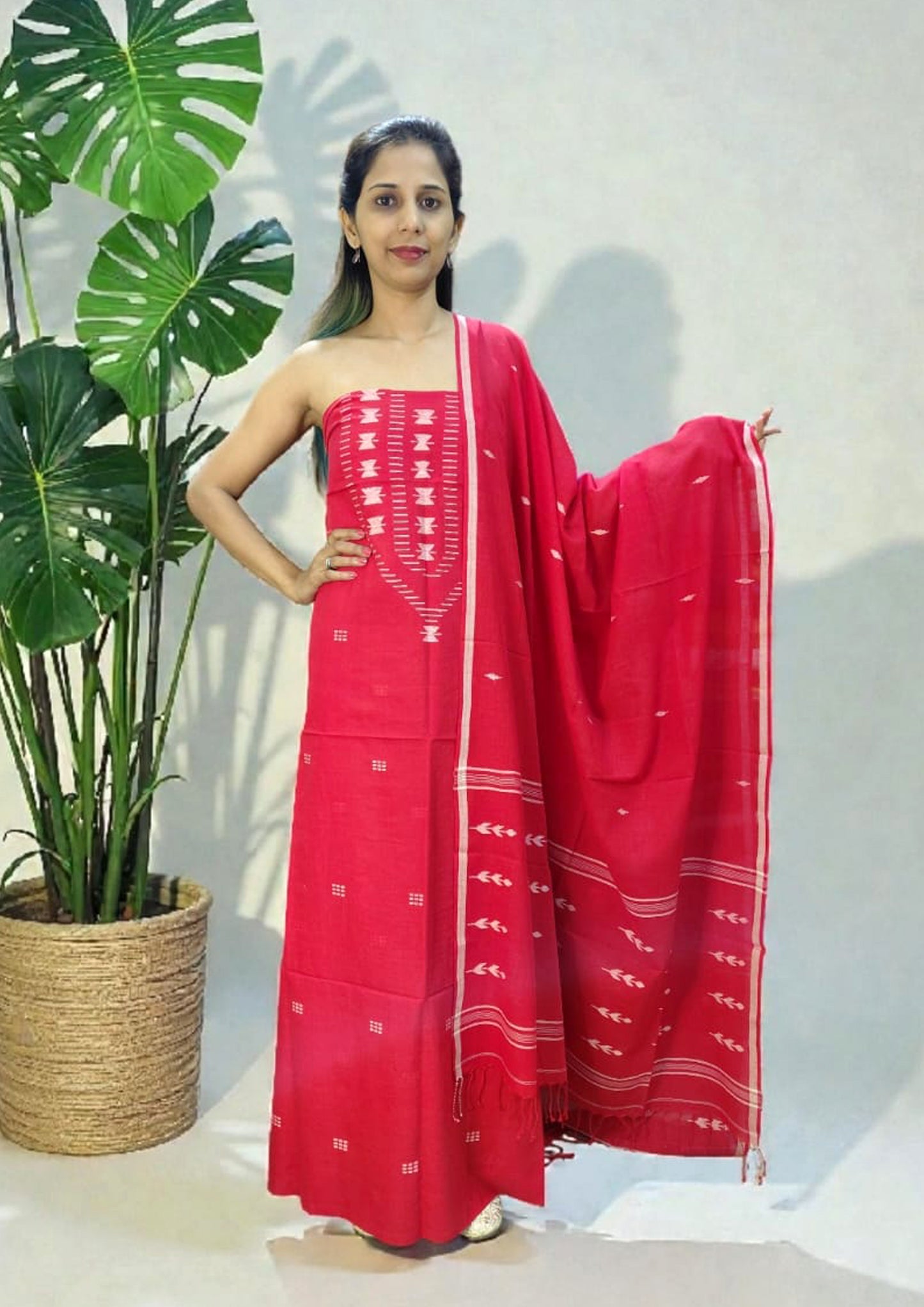 Jamdani Cotton Suit- Red JS1