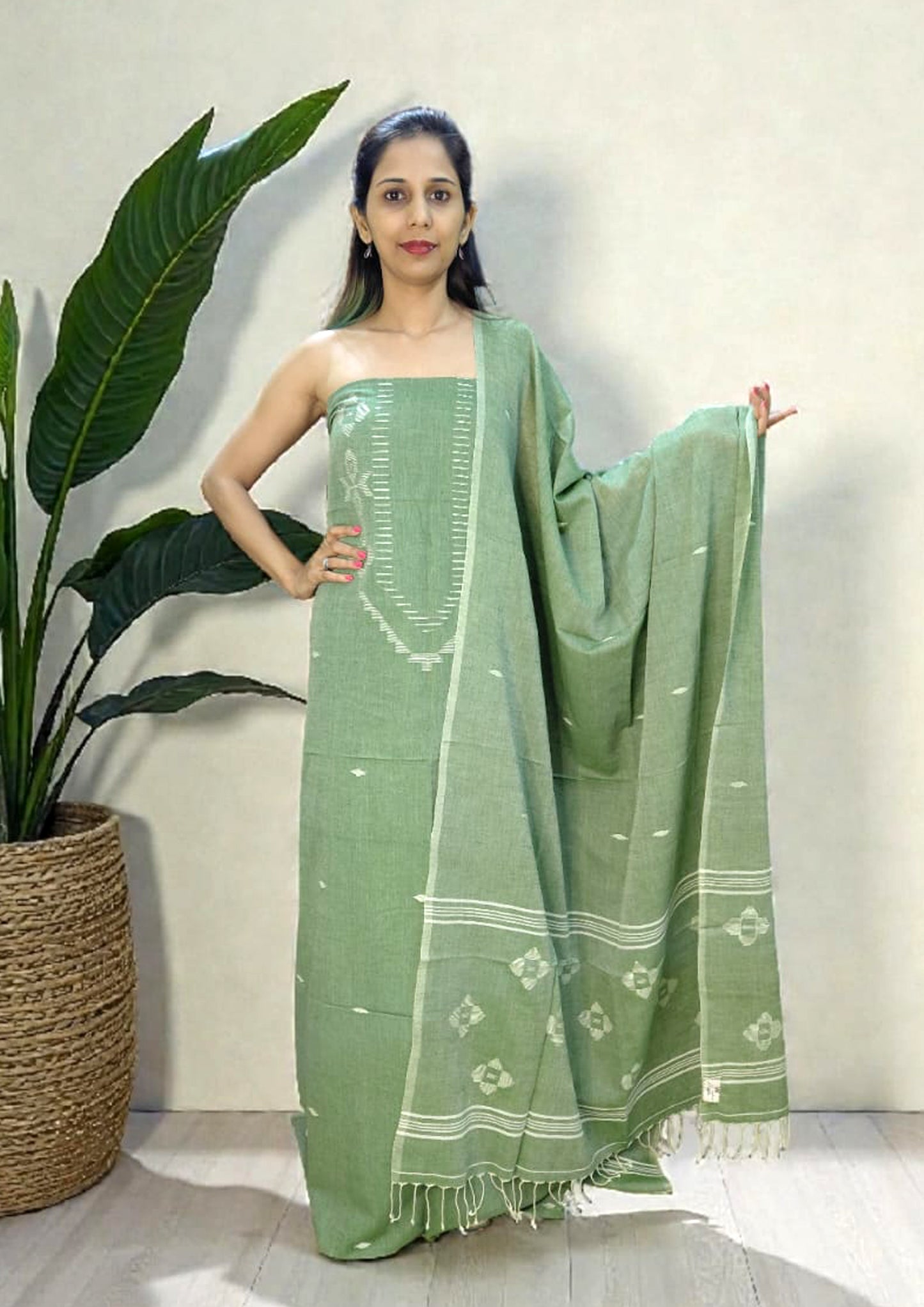 Jamdani Cotton Suit- Green JS5